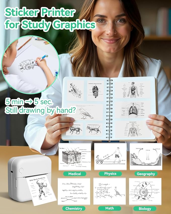 Aptika Mini Printer - Portable Sticker Maker with 14 Rolls Sticky Thermal Papers, Inkless Label Maker Machine for Study Anatomy Graphics Photos Address, Green