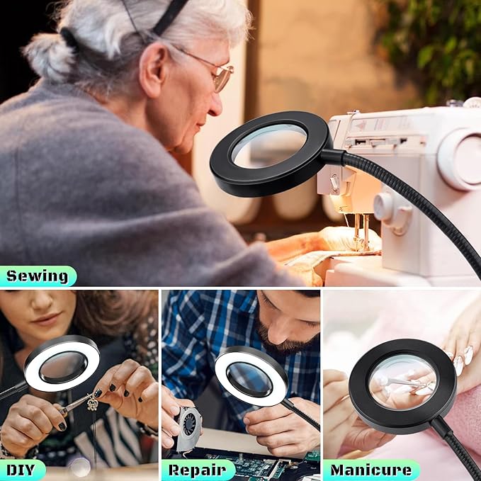 10X Magnifying Glass with Light, Clip on Mganifier with Light, 48 LED Desk Magnifying Glass wtih Clamp, 3 Modes Dimmable Magnifying LED Lamps for Bed Work Crafts DIY Repair