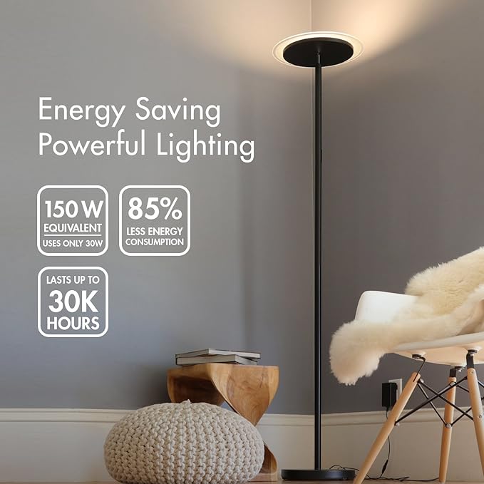 Tenergy Modern Torchiere Floor Lamp, 3000L LED, 30W, Remote Control, Touch Dimmer, 90° Adjustable, Warm White