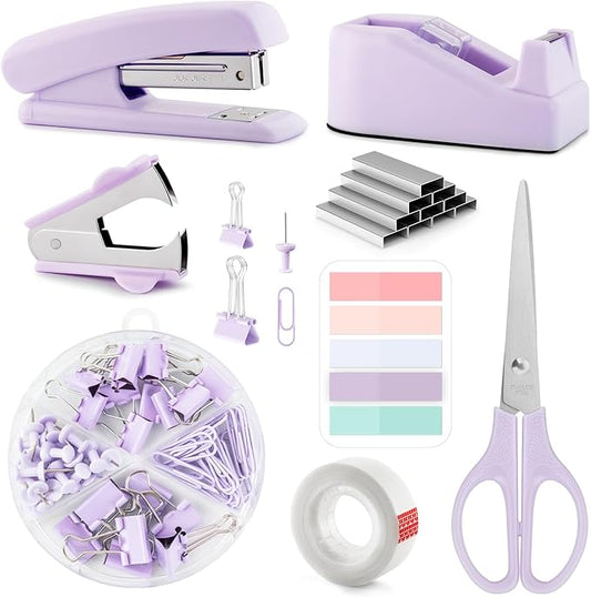 Purple Office Supplies, Kids Office Supplies and Accessories, Office Desk Set with Stapler, Tape Dispenser, Staple Remover, Clips and Scissors for Women, Boss Lady, Coworkers, Office Clerks, Kids