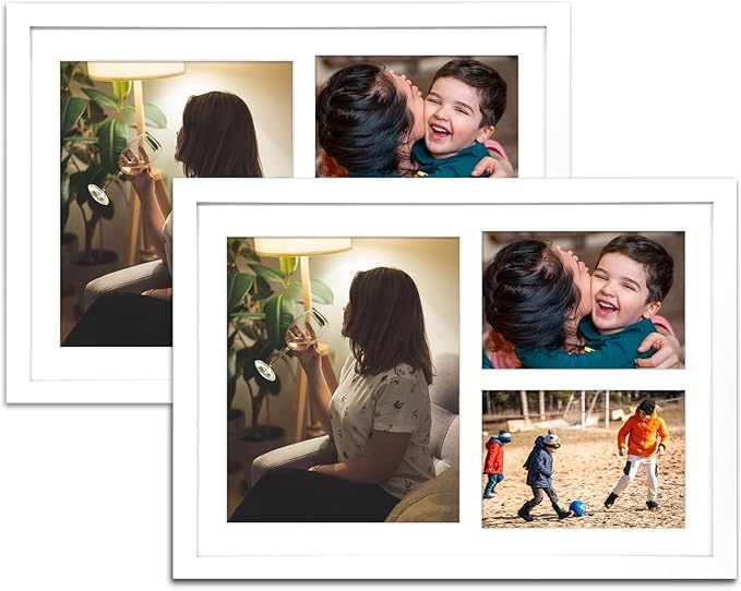 Golden State Art, Set of 2, 12x17 White Wood Picture Frame - White Mat for 8x10 And 5x7 Photos - Tempered Glass, Sawtooth Hanger, Swivel Tabs - Wall Mounting - Great for Gift