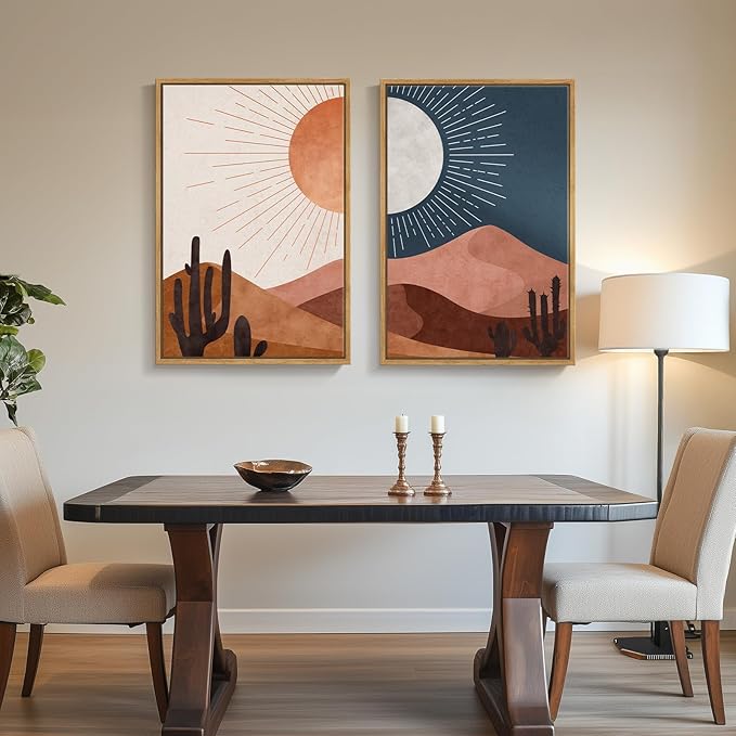 Large Framed Boho Desert Wall Art for Living Room, Set of 2 Sun and Moon Cactus Landscape Canvas Artwork for Walls, Mid Century Modern Bohemian Painting Print Bedroom Home Office Wall Decor, 24x36 In