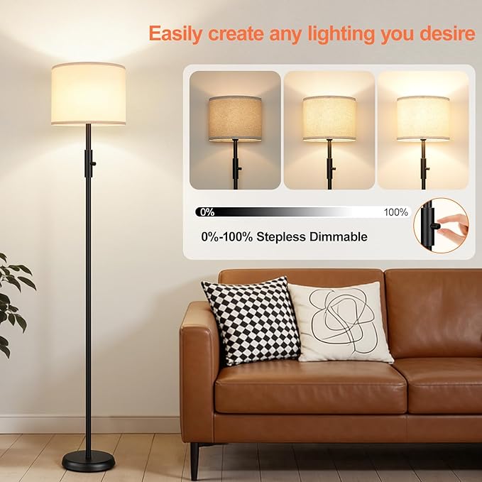 【Upgraded】 Dimmable Floor Lamp for Living Room,1000 Lumens Bulb Included, Modern Floor Lamps Simple Design with Linen Shade, Tall Standing Lamp for Bedroom Office Dining Room, Black Pole Lamp