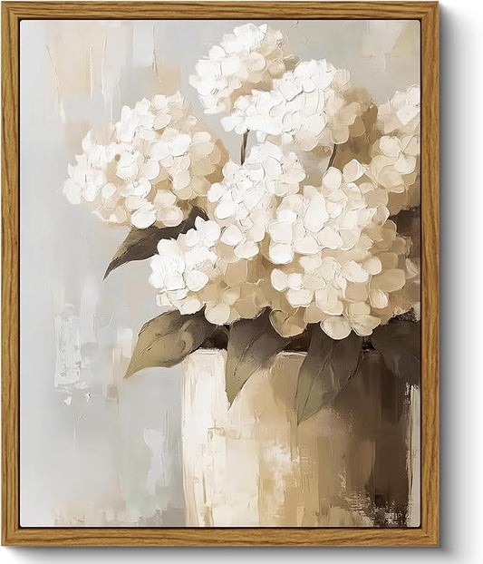 ARPEOTCY Vintage Framed Canvas Wall Art, Retro White Hydrangeas Painting Pictures Decor, Vintage Farmhouse Floral Canvas Wall Art for Living Room, Bathroom, Bedroom Aesthetic(8 x 10 Inch)
