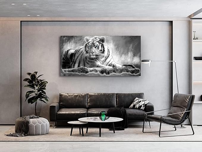 Yxbhhym Animal Black and White Tiger Canvas Wall Art Picture Tiger Painting Print Gallery Wrap Office Bathroom Living Room Decoration Modern Home Art Framed Wall Art– 20X40inch