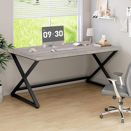 IBF Gray Computer Desk, Modern Writing Study Desk for Home Office, Industrial Wooden Metal Executive Work Desk, Simple Pc Gaming Laptop Workstation Computer Table in Bedroom, Light Grey Oak, 55 Inch