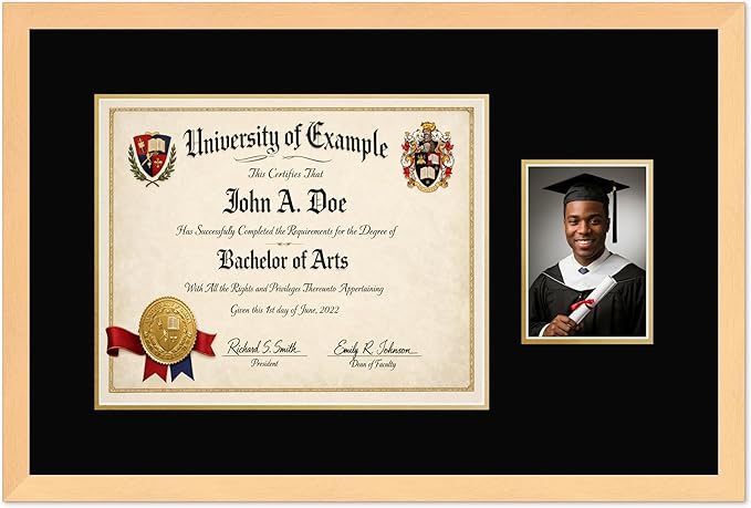 CountryArtHouse Fits 15 x 12 Military/Government and 5 x 7 Photo Diploma and Photo Frame Natural Wood Genuine Hardwood with Black Over Metallic Gold Double mat