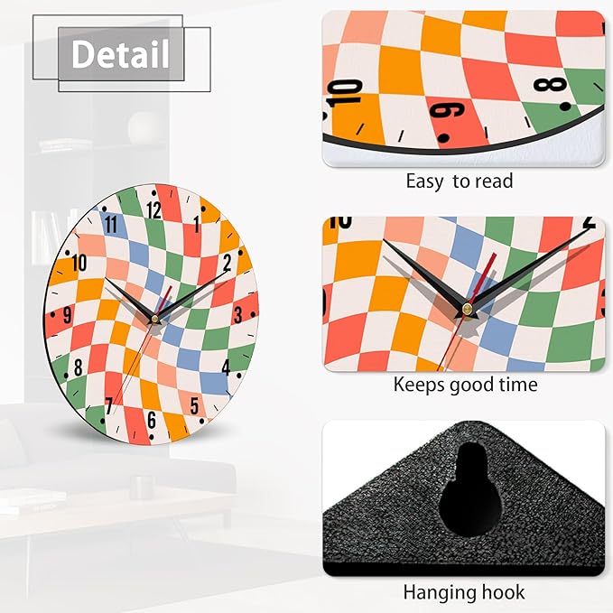 SPUNKER Clock for Bedroom,Colorful Checkered Wall Clock Battery Operated 10 Inch,Retro Wavy Round Clock Silent Non-Ticking Wall Decor for Farmhouse Office Home School Living Room Bedroom
