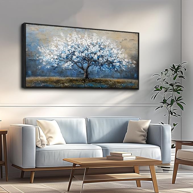 KELIYUAN Large Canvas Wall Art For Living Room Abstract Tree Wall Decor For Bedroom Wall Painting Blue Tree Picture Black Framed Office Dining Room Decor Artwork Hotel Room Mural Home Decor 20"X40"