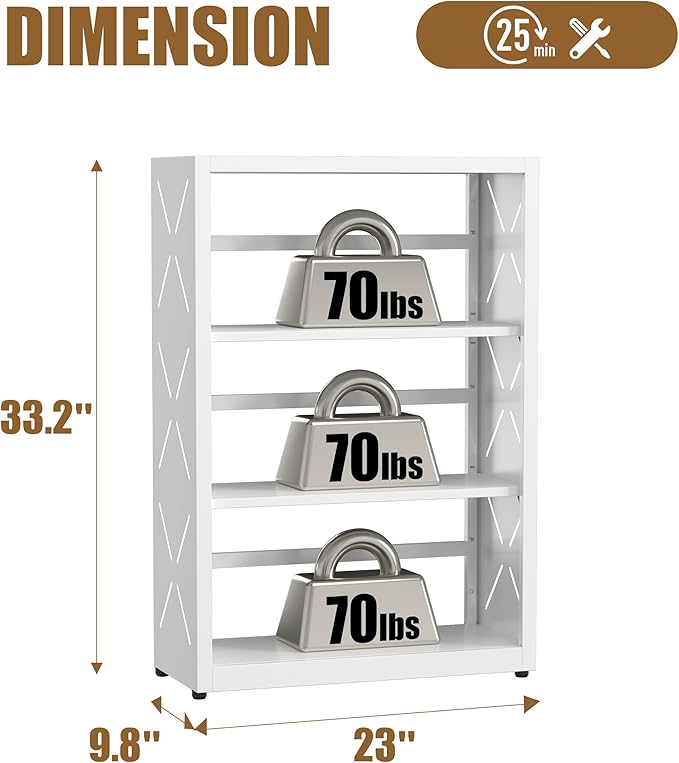 3 Tier Bookshelf, 34"Tall Metal Bookcase with Adjustable Shelves, Modern Display Book Shelf, White Bookcase Shelf, Utility Shelf, Storage Shelves for Office, Living Room, Kitchen, Study-23"W
