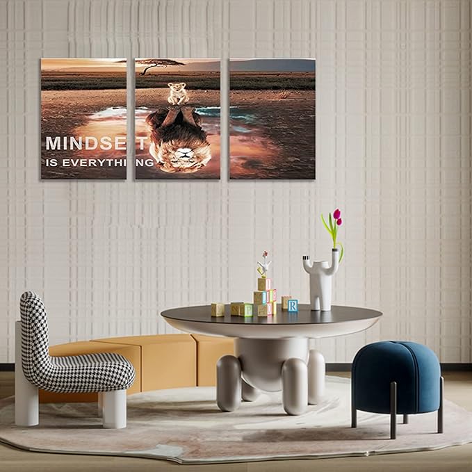 KAWAHONE Motivational Lion King Mindset Wall Art Gold, Success Cat Reflect Lion Mindset is Everything Quotes Poster Positive Affirmation Wall Decor Inspirational Canvas Painting Wall Hanging Picture