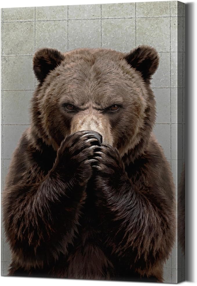 YOUHONG Funny Bear Bathroom Decor with Wooden Frame, Lightweight Bathroom Bear Holding Nose Wall Art Humor Animals Painting for Restroom Toilet,Funny Animals Posters Ready to Hang 16x24 Inches