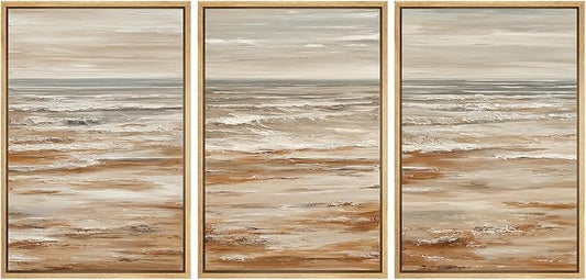 MUDECOR Framed Wall Art Print Set Neutral Coastal Seascape Minimalist Ocean Waves and Sandy Shore Illustrations Modern Art Boho Decorative for Living Room, Bedroom, Office - 24"x36"x3 NATURAL