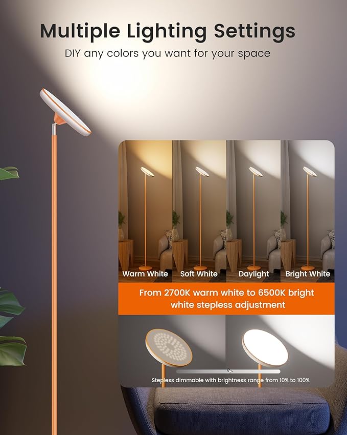 UFO LED Torchiere Floor Lamp with RGB Ambient Light, 42W 3700LM Bright Dimmable Sky Lamp,71in Modern Tall Standing Lamp with Remote Touch Control&Timer, Living Room Bedroom Office Gaming Room,Orange