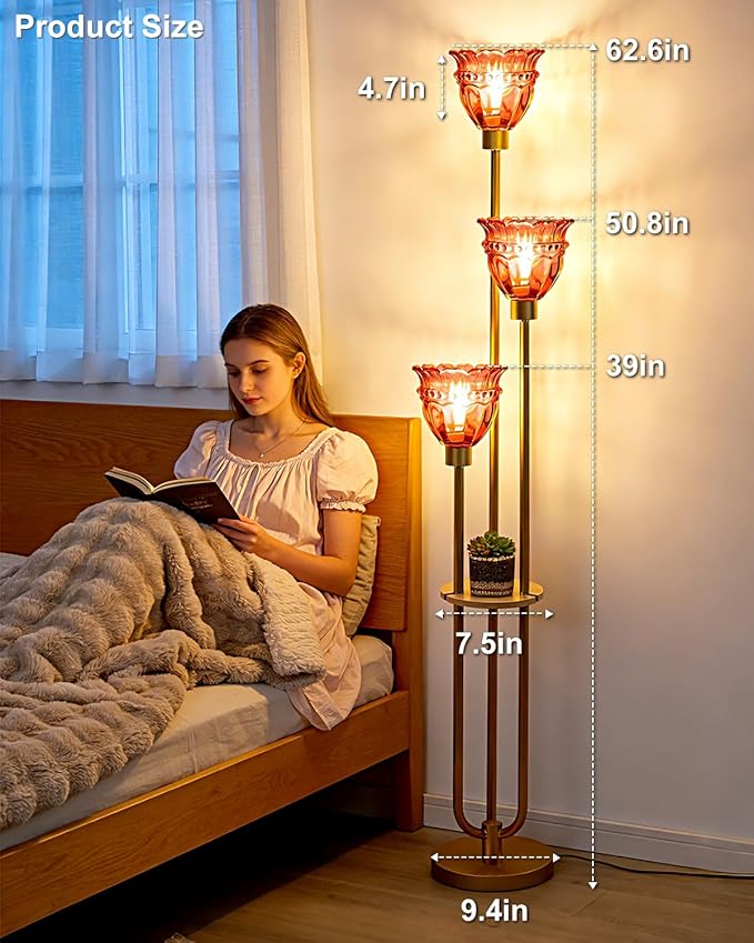 Lightdot 3-Lights Glass Floor Lamp for Living Room Modern Dimmable Gold Floor Lamp with Rose Red Glass Shade & 3000K Bulbs Included Tall Standing Lamp for Bedroom/Sofa Beside/Corner Decor