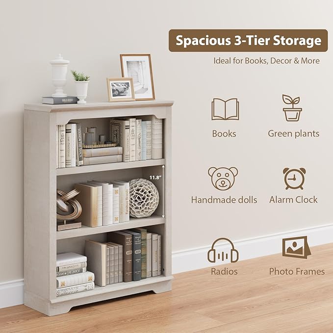 HIFYOBRO 3 Tier Bookshelf and Bookcase, 31.5" Wide Wooden Book Shelf, Freestanding Open Display Storage Bookshelves for Study Room, Home Office, Living Room