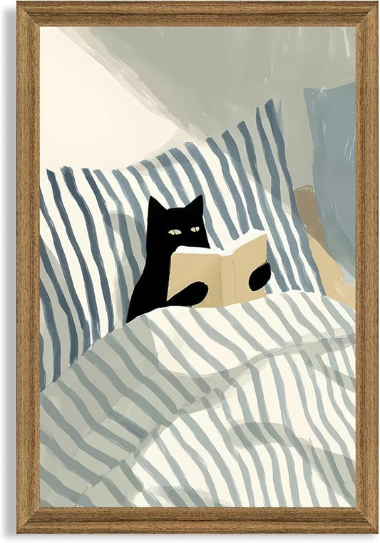 Fantasy Artists Black Cat Reading in Bed Wall Art, Quiet Character Illustration with Soft Neutral Tones, Calm Lifestyle Canvas Print for Bedroom, Reading Nook or Home Office, 16W x 24H