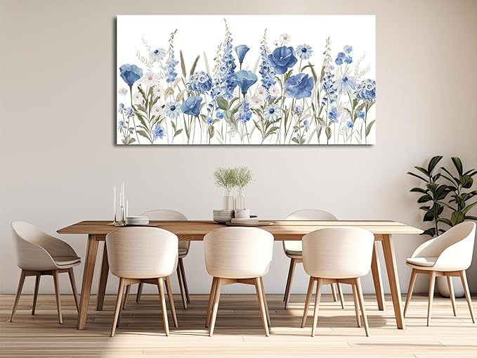 arteWOODS Elegant Flowers Wall Art - Blue White Botanical Pictures for Wall Decor Floral Blossom Canvas Painting Print Artwork for Living Room Bedroom Home Office Wall Decoration 29" x 58"