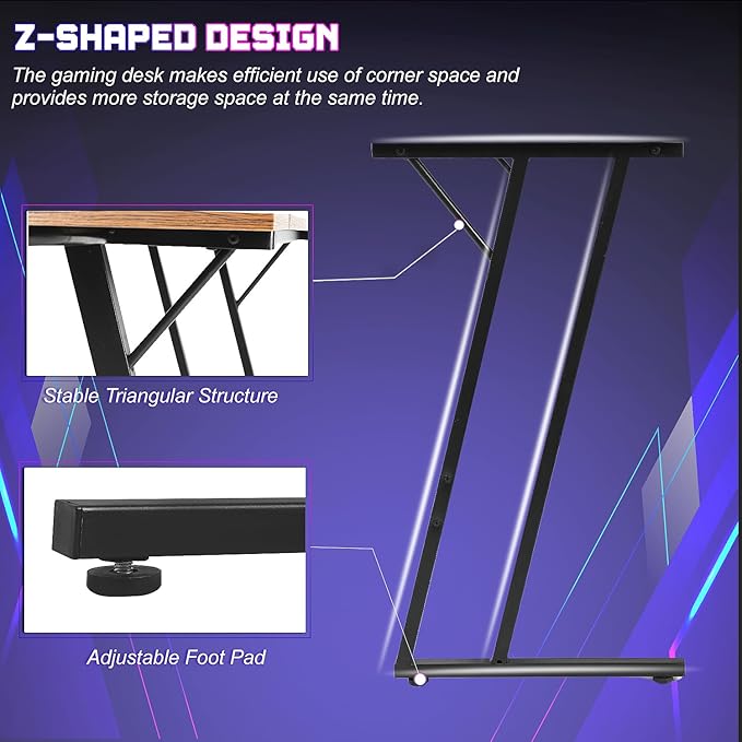 NChanmar L Shaped Gaming Desk with Monitor Riser Stand, Home Office Corner Desk for Studying, Working and Gaming, Large Desktop, Brown