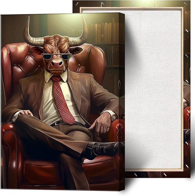 Trendy Suit Animal Cow Portrait Wall Art Funny Boss Cow Canvas Posters Work Struggle Motivation Inspiring Prints Painting For Office Living Room Wall Decor 8x12in Framed