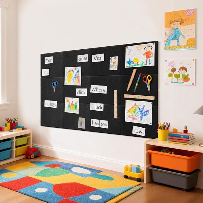 12 Pack Large Cork Boards for Walls, 48" x 24" Black Bulletin Board, Felt Wall Tiles with 72 Safe Removable Adhesive Tabs, Pinboard Cork Board for Office Home Decor