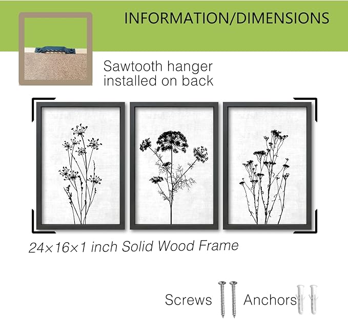 TQianJiang Flower Plant Wall Decor 24"x16" Black And White Botanical Painting Wood Framed Set of 3 Bedroom Office Abstract Wildflower Sign Hanging Art (Black)