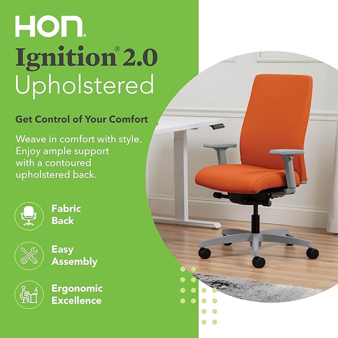 HON Ignition 2.0 Fabric Office Chair, Upholstered, Adjustable Arms, Advanced Synchro-Tilt Recline Executive Ergonomic Office Chair, Titanium Frame, Apricot