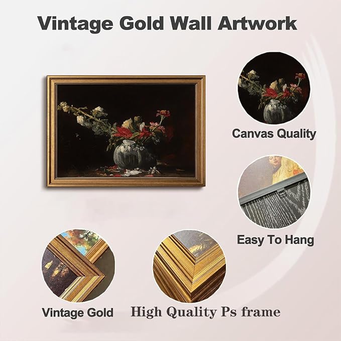 Gold Framed Wall Art Vintage Canvas Wall Art Fading Flowers Floral Artwork Prints Picture for Living Room Bedroom Farmhouse Bathroom Office Decor, 12x16