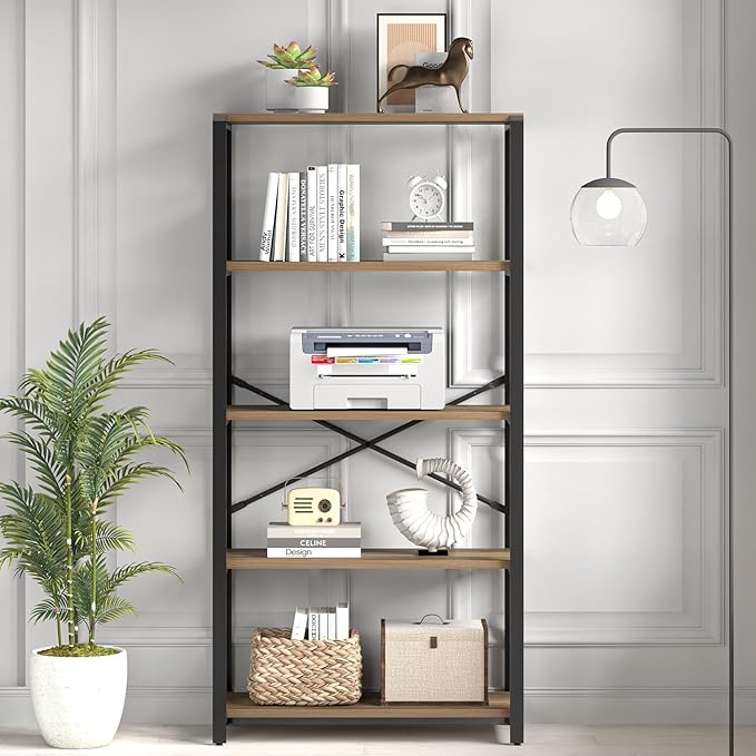 FOLUBAN 5 Tier Tall Bookshelf, Industrial Bookshelves and Bookcases, Modern Rustic Wood and Metal Book Shelf for Bedroom, Living Room and Home Office, Oak
