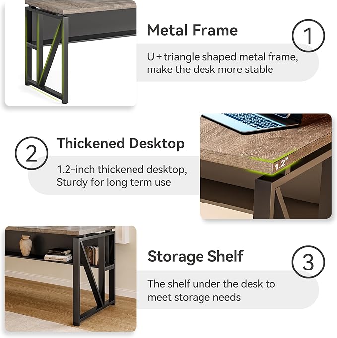 LITTLE TREE 63-Inch Executive Office Desk, Large Computer Desk with Storage Shelf, Executive Desk with Metal Frame, Study Writing Desk Work Station for Home Office, Grey + Black