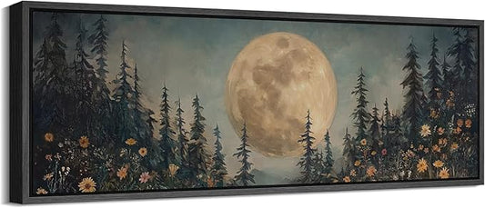 SIGNFORD Large Framed Canvas Moonlit Forest with Wildflowers Mystical Illustrations Modern Art Calm Warm for Living Room, Bedroom, Office - 60"x20"