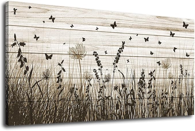 Wildflower Wall Art Autumn Canvas Picture Butterfly Grass Dandelion Artwork Vintage Wooden Board Painting Prints for Bedroom Living Room Office Home Kitchen Wall Decor Framed Ready to Hang 29" x 58"
