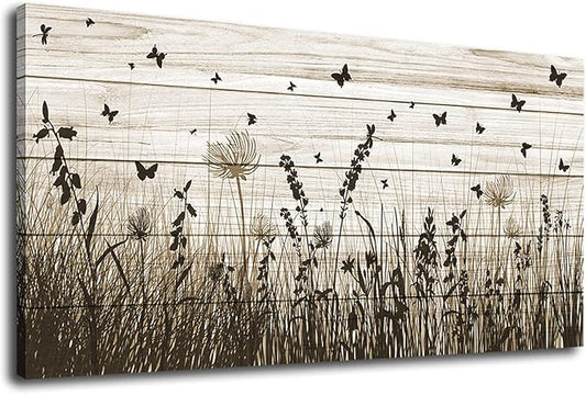 Wildflower Wall Art Autumn Canvas Picture Butterfly Grass Dandelion Artwork Vintage Wooden Board Painting Prints for Bedroom Living Room Office Home Kitchen Wall Decor Framed Ready to Hang 29" x 58"