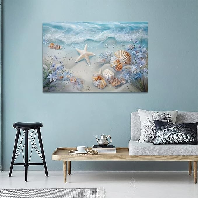 yerretin Beach Seashell Bathroom Wall Art Coastal Starfish Pictures Wall Decor Modern Home Canvas Painting Decorations Artwork for Living Room Bedroom Office Framed, 24"x16"