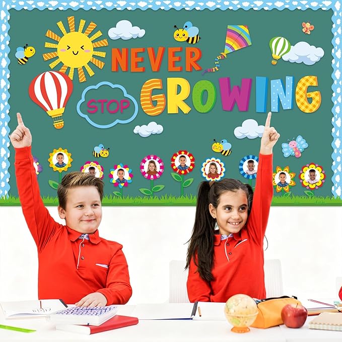 Spring Bulletin Board Set Flower Growth Mindset Classroom Decorations Butterfly Bees Paper Cutouts Sky Grassland Bulletin Board Border for Chalkboard Kindergarten Decor Back to School Party Supplies
