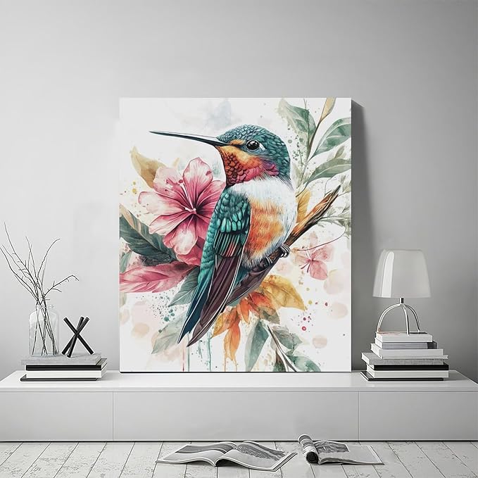 Watercolor Hummingbird Wall Art Country Flower Bird Pictures Wall Decor Colorful Canvas Painting Modern Home Artwork Decorations for Bathroom Bedroom Living Room Office Framed 20"x24"