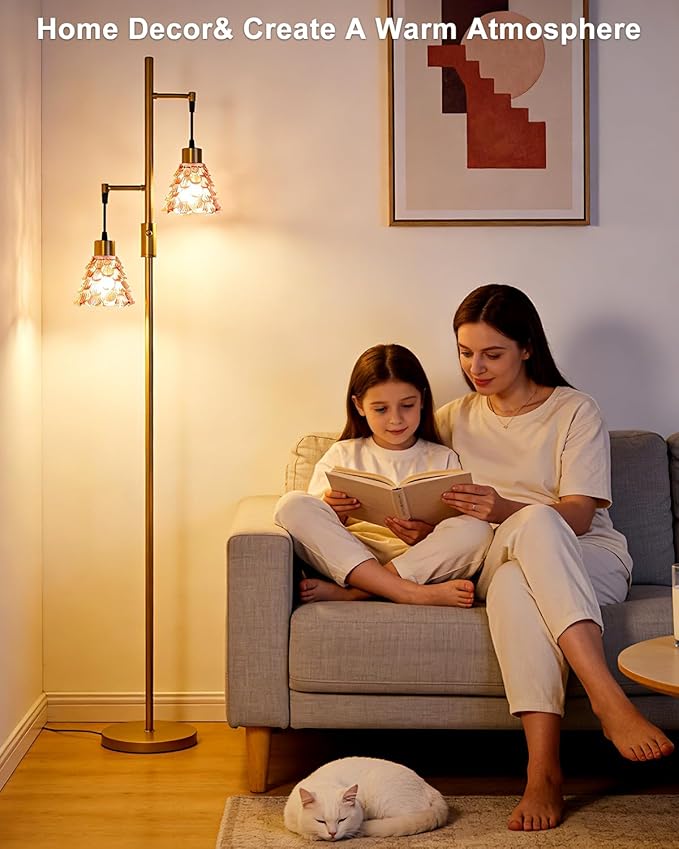 Lightdot 65IN Glass Floor Lamp for Living Room, 2- Light Gold Floor Lamps with Rose Red Glass Shade& 3000K Warm White Bulbs, Modern Standing Tall Lamp for Bedroom/Corner Beside/Home Decor