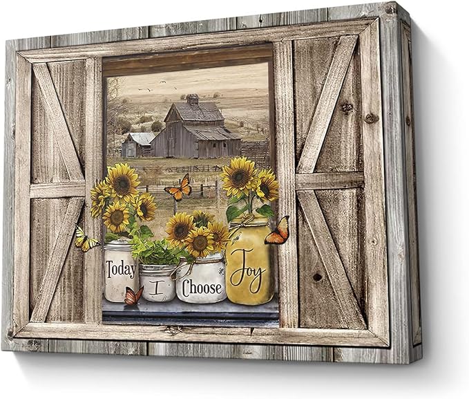 Parylore Sunflower Wall Art Canvas Print Rustic Wall Decor Faux Barn Doors Sunflower Jars On Barn Painting Picture Framed Modern Farmhouse Artwork for Living Room Bathroom Office Home Decor 12x16 In