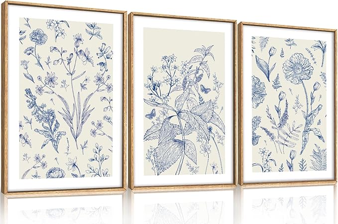 KAIRNE Blue and White Floral Wall Art Set of 3, Chinoiserie Framed Canvas Art Prints, Navy Watercolor Botanical Flower Painting, Wildflower Decor for Living Room, Bedroom, Bathroom, Home - 24x36Inch