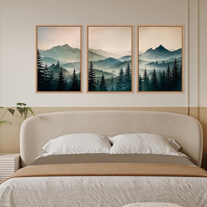 HPNIUB Large Green Mountain Framed Canvas Wall Art,Boho Foggy Forest Wall Decor,Modern Watercolor Pine Tree Wall Painting,Nature Mountains Landscape Art Print for Living Room,Bedroom,Office- 24"x36"x3