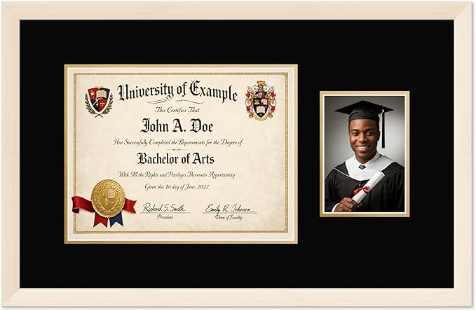 CountryArtHouse Fits 13 x 10 College Diploma (Traditional) and 5 x 7 Photo Diploma and Photo Frame Coastal Whitewash Genuine Hardwood with Black Over Metallic Gold Double mat