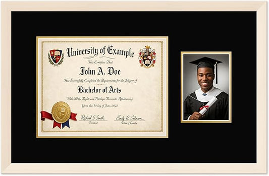 CountryArtHouse Fits 13 x 10 College Diploma (Traditional) and 5 x 7 Photo Diploma and Photo Frame Coastal Whitewash Genuine Hardwood with Black Over Metallic Gold Double mat