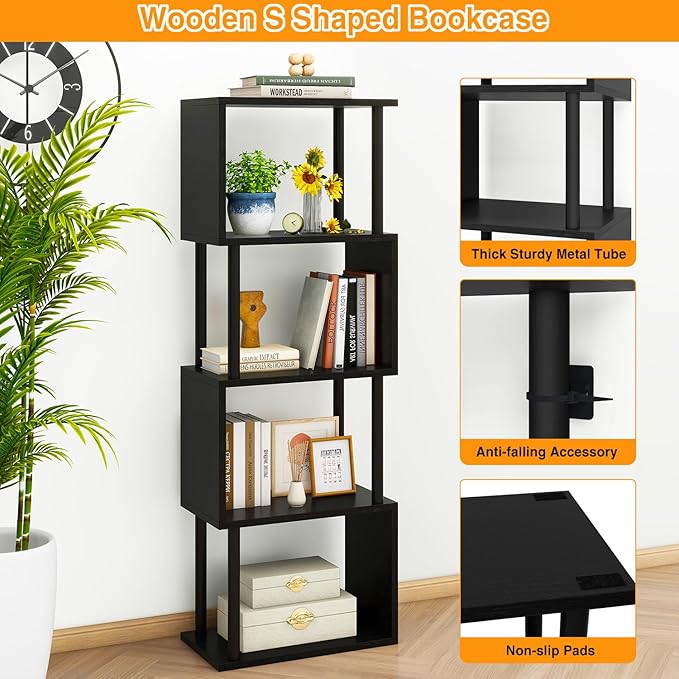 IBUYKE 5-Tier Tall Bookshelf,S-Shaped Geometric Bookcase, Wood Display Shelves with Storage,Modern Bookshelf for Living Room Bedroom, Home Office, Black WBC015B