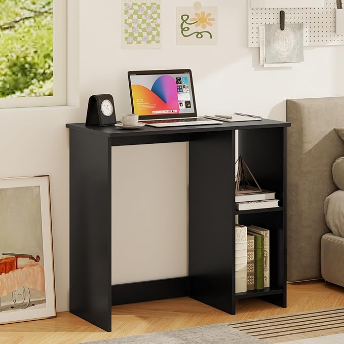 Tangkula Small Desk with Shelves, Compact Desk for Small Space, Study Writing Table with 2 Tier Shelves, Modern Simple Style Laptop PC Table (Black)