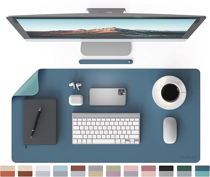 RENMTURE Double-Sided Two-Tone Faux Leather Desk mat Desktop Organization and Accessories Home and Office Large Mouse pad Game and Work (Blue/Green, 32"x16")