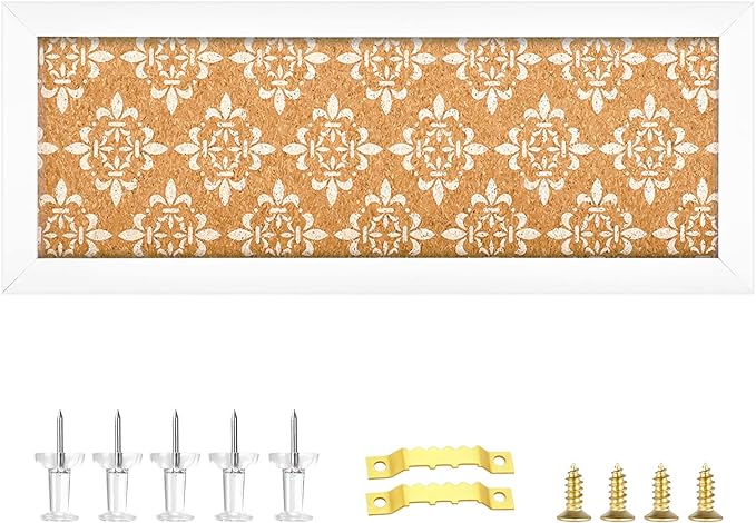 Long Decorative Cork Board for Walls, Bulletin Board with Floral Print, White Framed Pin Board Vision Board for Office School Bedroom and Dorm Room with Pins, Screws(1540,1pc)