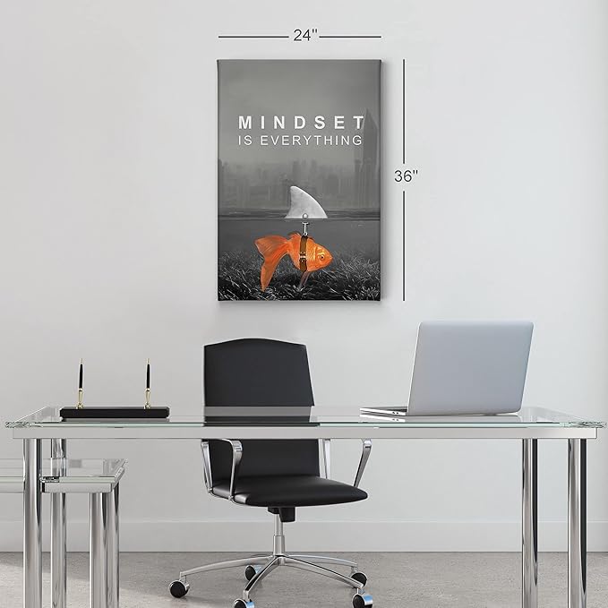 Smile Art Design Mindset is Everything Wall Art Canvas Print Black and White Goldfish Shark Entrepreneur Inspirational Motivational Quote Living Room Office Decor Ready to Hang 40x30