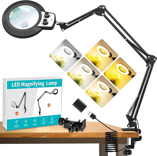 12X & 30X Magnifying Glass with Light, 3 Section Long Arm LED Desk Lamp with Large Clamp, 3 Color and Brightness Magnifier Light and Stand for Sewing, Craft(12X&30X 35in Circular Knob Clamp)