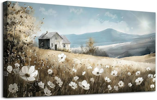 Wapluam Wall Art - Canvas Wall Decor For Living Room & Bedroom - Field Scenery Watercolour Painting - Stretched & Framed - Ready To Hang