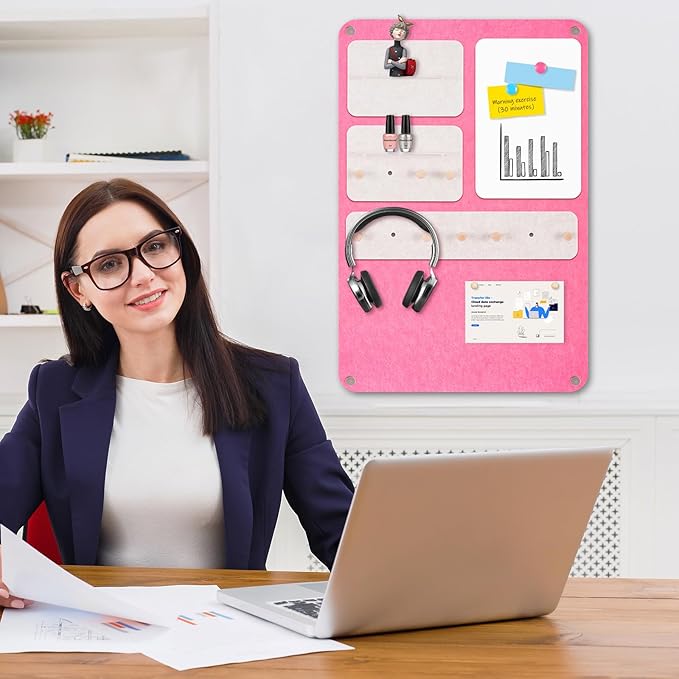 DOLLAR BOSS 3-in-1 Foldable Bulletin Board 16"x24" Vertical- Magnetic Whiteboard with Cork & Acrylic Shelves, Sound-Absorbing Felt for Home/Office/Dorm Includes Pins/Magnets (Pink)